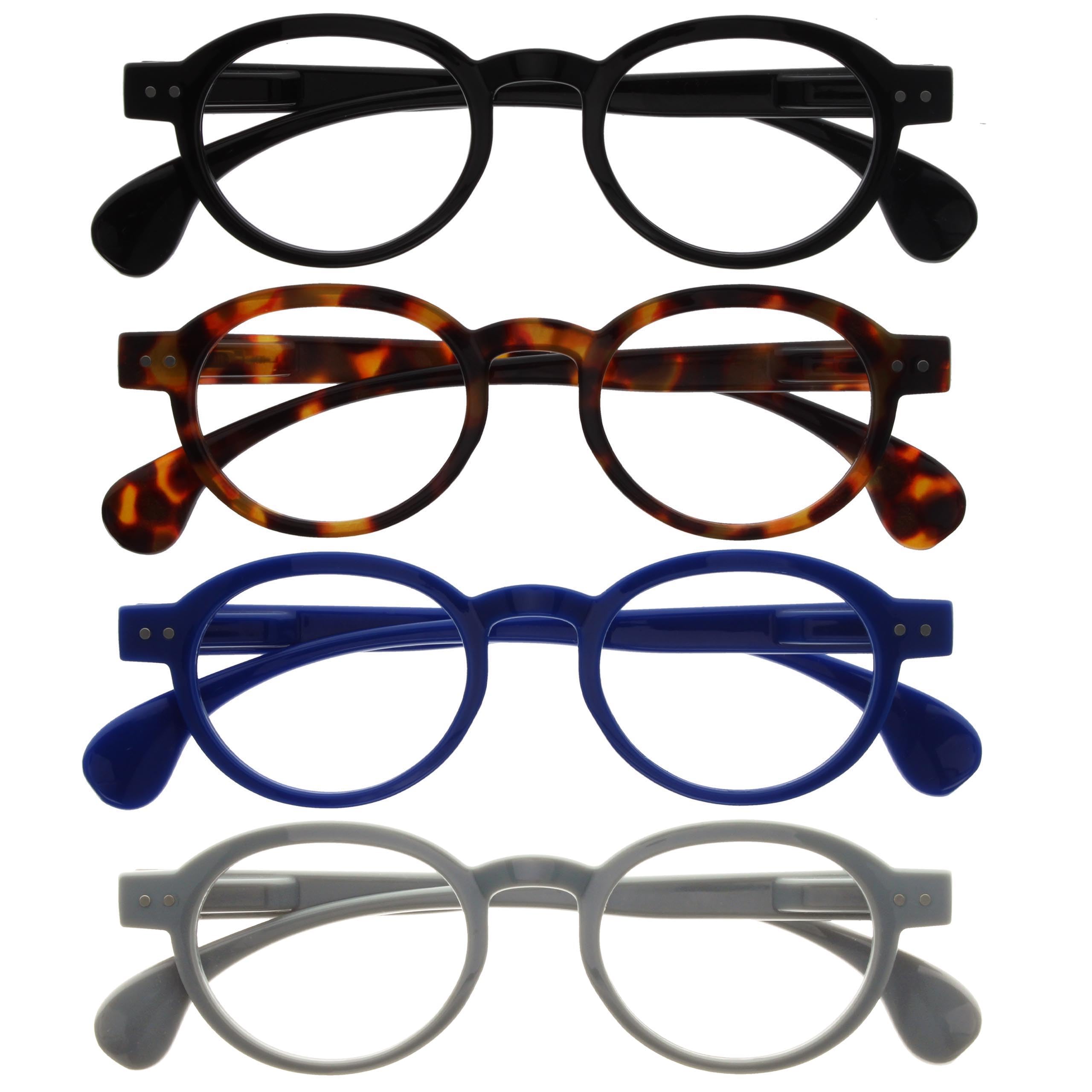 OPULIZE OCA Reading Glasses - 4-Pack - Modern Retro Round Frame - Black Brown Blue Grey - Mens Womens - Spring Hinges - RRRR54-1237 - +3.50