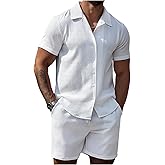 SOLY HUX Men's 2 Piece Outfits Textured Short Sleeve Button Down Shirts and Drawstring Shorts Set