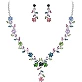 BriLove Women's Wedding Jewelry Leaf Cluster Flower Crystal Dangle Earrings Pendant Necklace Set for Bridal