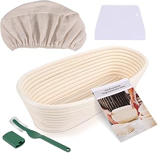 Familybox Gärkörbchen Oval ø 27.6 cm, Höhe 7.5 cm Banneton Proof Korb Gärkörbe Korb für Brot und Teig mit Leineneinsatz, Teigschaber, Starter Rezept Set für selbstgemachtes Brot & häusliche Bäcker