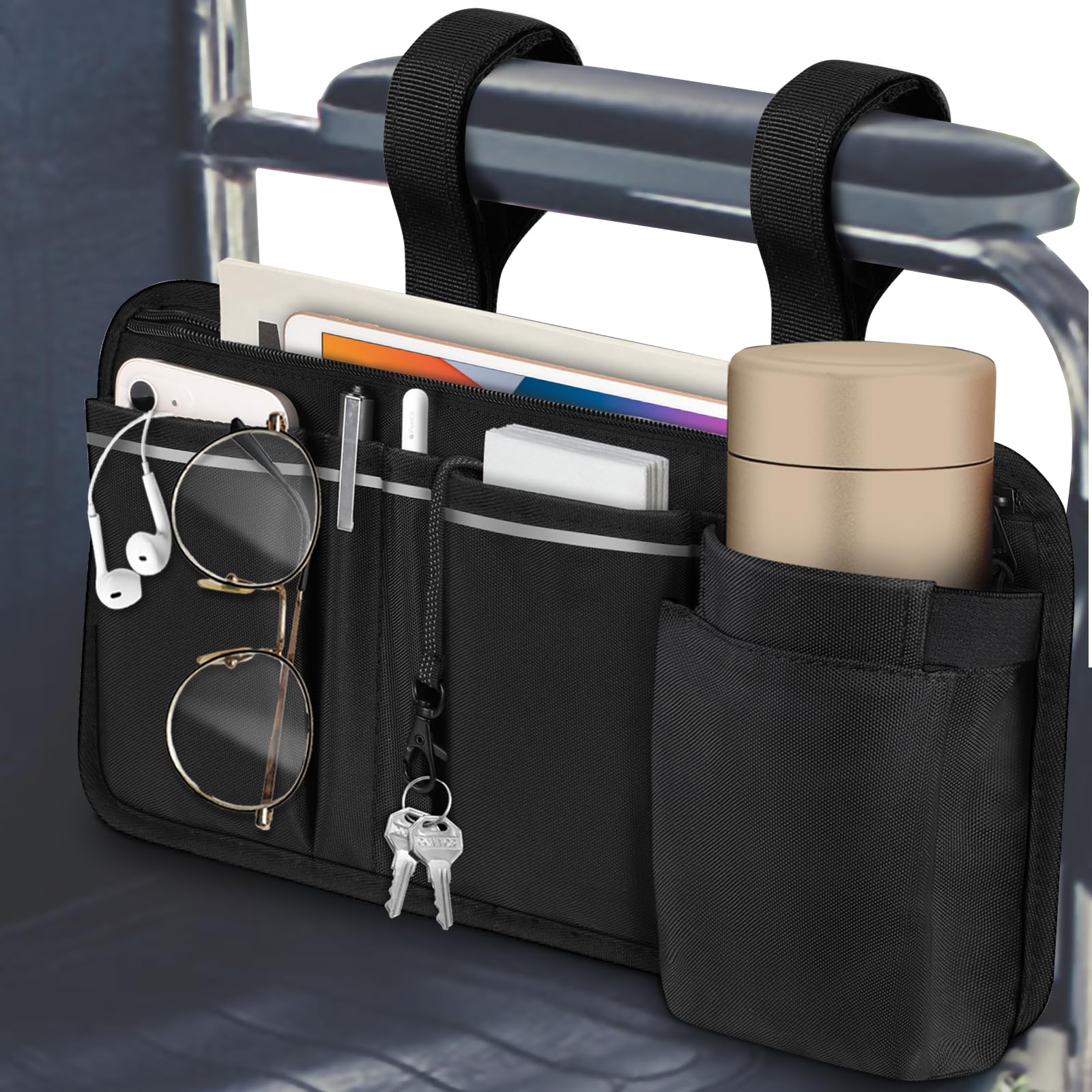 Photo 1 of FINPAC Wheelchair Side Organizer Bag with Cup Holder, Wheelchair Armrest Accessories Pouch with Pen Slot and Reflective Strips for Power Wheelchairs, Walkers, Rollators, Adults, Seniors - Black