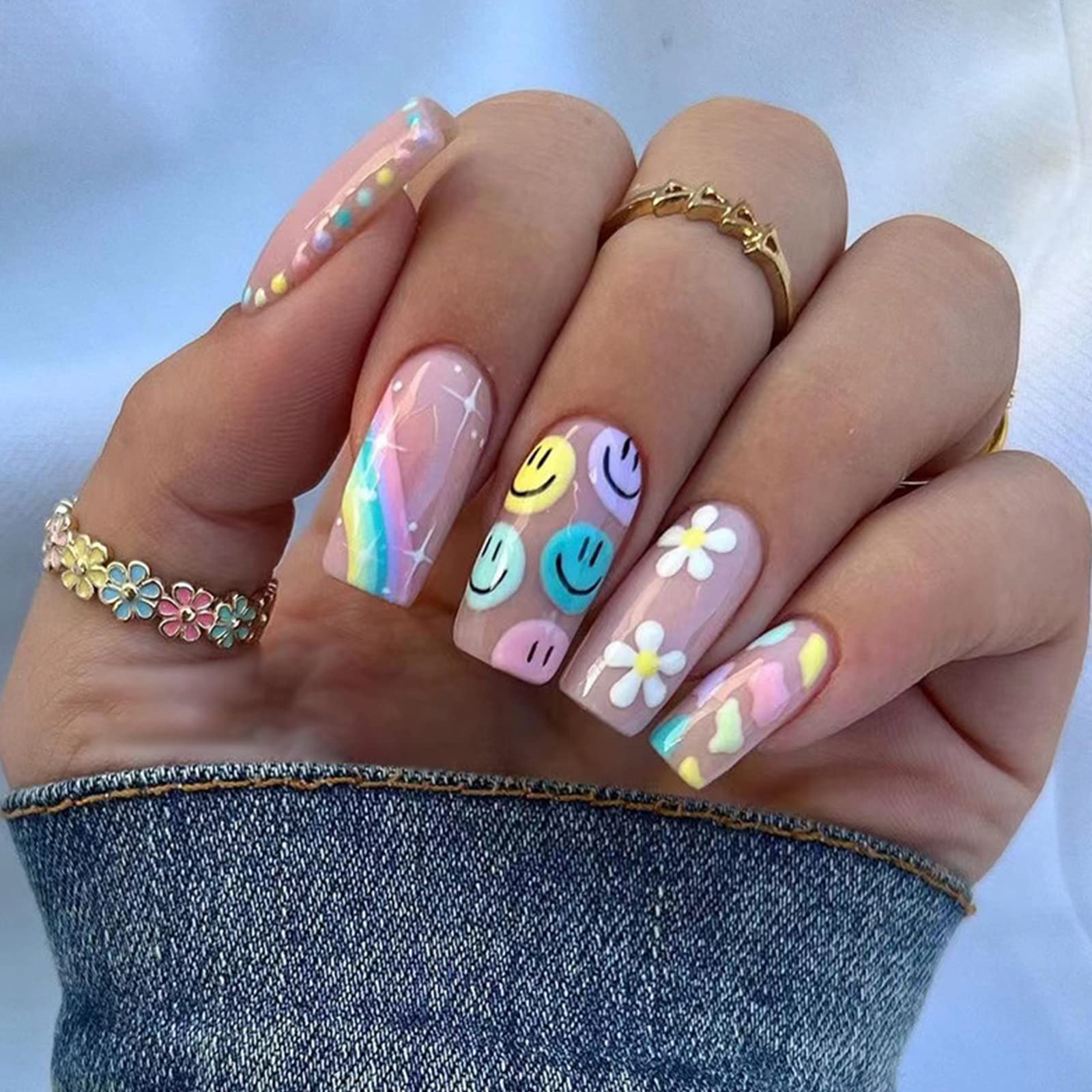 Ceboic 24Pcs French False Nails Square Medium, Cute Smile Press on Nails with Flowers Designs, Colorful Fake Nail Acrylic Full Cover Stick on Nail for Women Girls Daily Wear Salon