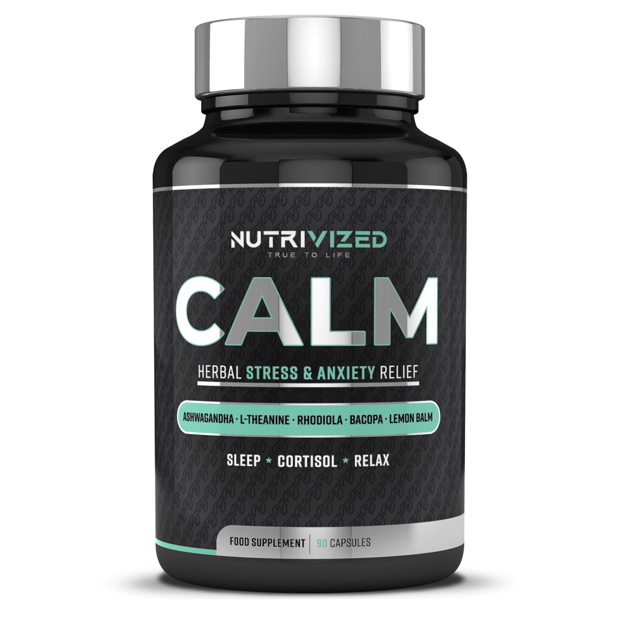 Nutrivized Calm - Natural Adaptogen - Herbal Relief -Ashwagandha - Rhodiola Rosea - L-Theanine - Holy Basil - Bacopa - Lemon Balm - 90 Capsules - Made in The UK