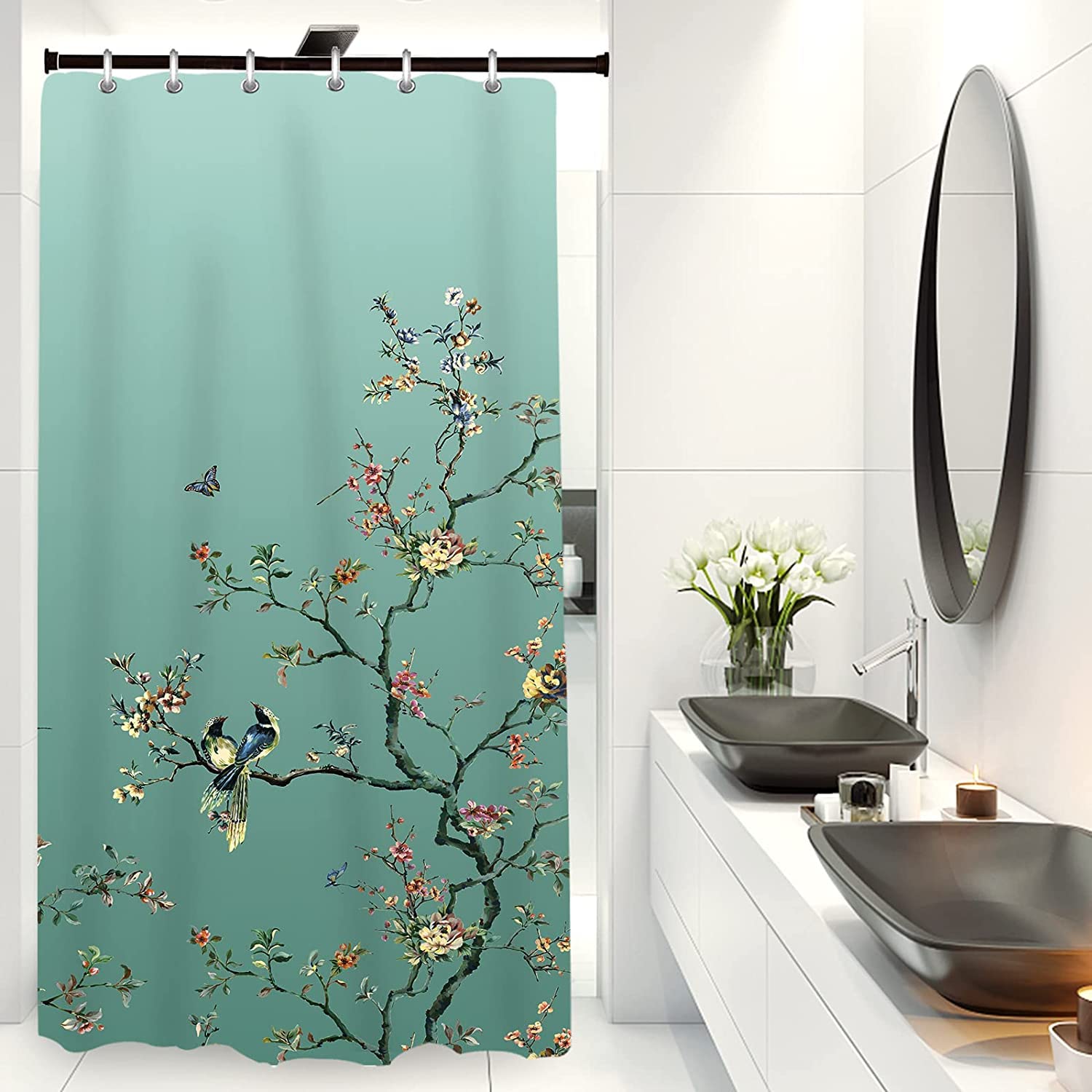 LIVETTY Green Bird Floral Shower Curtain 90cm × 180cm Mould Proof Butterfly Fabric Bathroom curtain For Women & Men With 12 Hooks Washable Quick-Drying Curtains