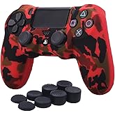 YoRHa Water Transfer Printing Camouflage Silicone Cover Skin Case for Sony PS4/slim/Pro Dualshock 4 Controller x 1(red) with Pro Thumb Grips x 8
