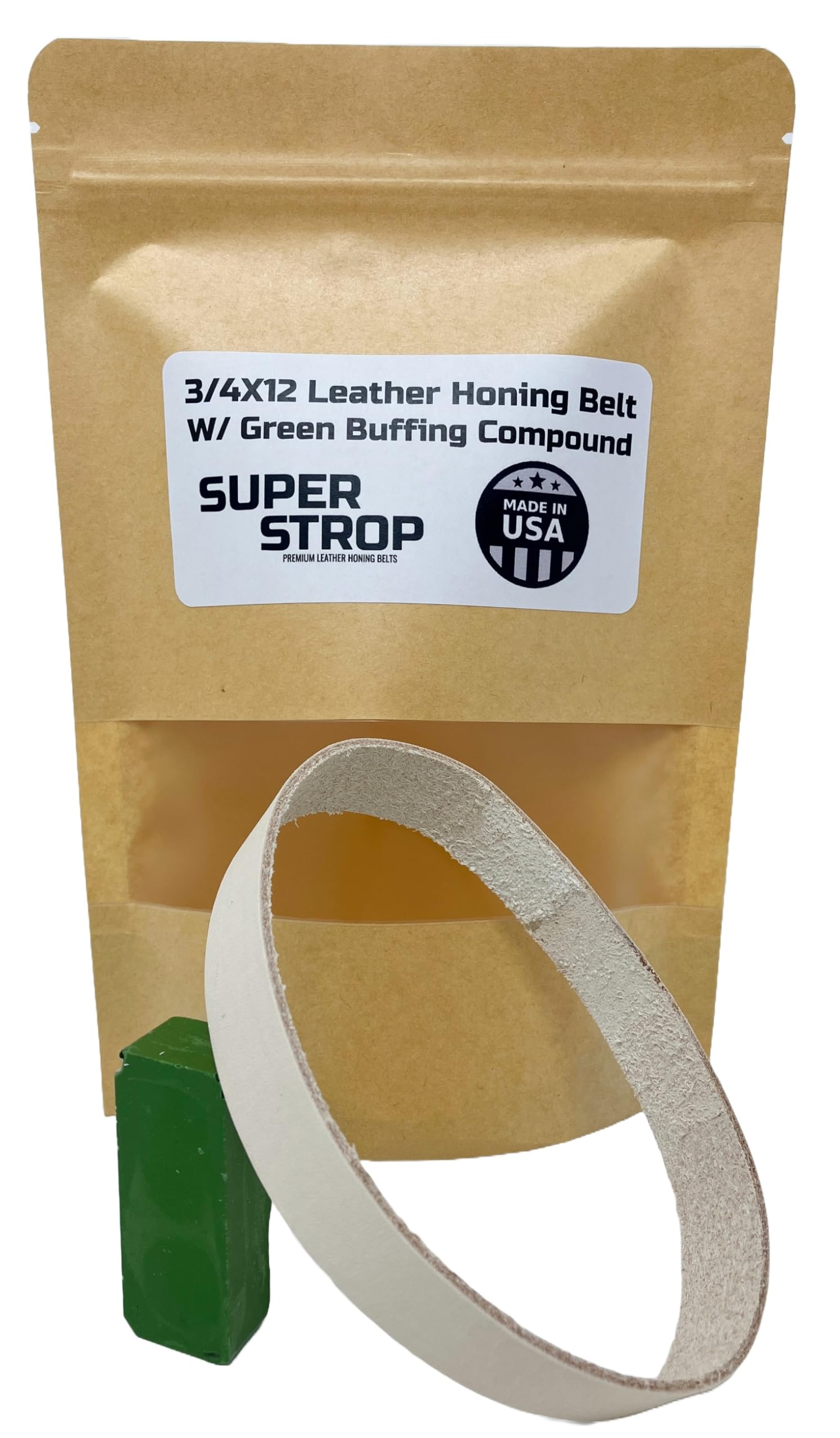3/4 X 12 Inch Leather Super Strop Premium Leather Honing Belt and Packs (Single Leather Belt W/Green Compound)