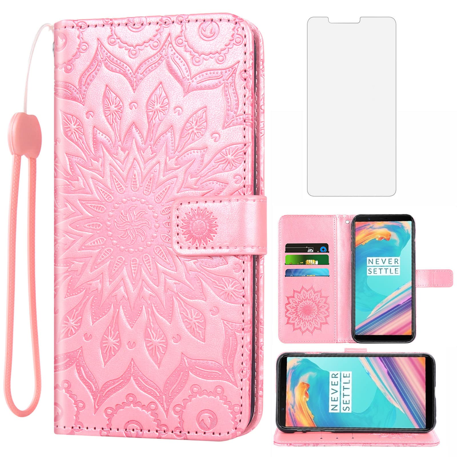 Phone Case for OnePlus 5T Wallet Cases with Tempered Glass Screen Protector Leather Slim Flip Cover Card Holder Stand Cell OnePlus5T A5010 One Plus5T 1 Plus T5 1plus One+ + 1+ 1+5T Women Rose Gold