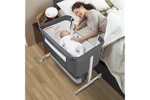 OUTLITT 4-in-1 Bedside Bassinet for Baby, Convertible Crib with Mosquito Net & Diaper Changing Station, Portable Sleeper w/Mattress & Travel Bag (Grey)
