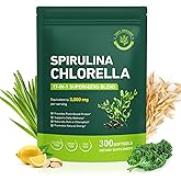 Pegciz Spirulina Chlorella Capsules 3100mg –Vegan Green Superfood, 50/50 Algae Blend for Immune Support & Energy –Rich in Protein,Chlorophyll,Vitamins & Minerals, 300 Capsules