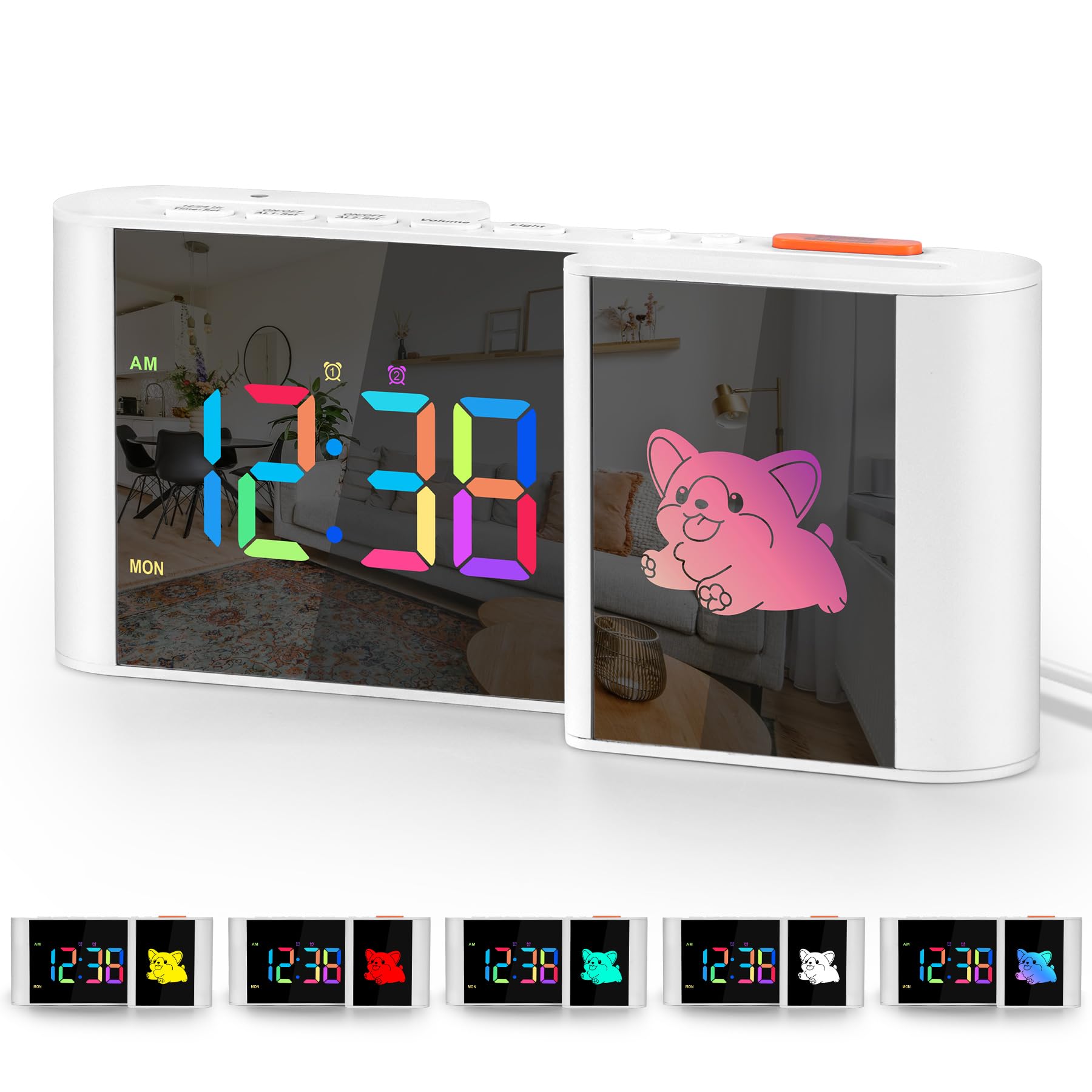 Alarm Clock,Alarm Clocks Bedside with Cute Cartoon,7.2''Large Mirror Clock,11 Colors Digital,10 Color RGB Cartoon,Week Display,Auto Dimming,Dual Alarms,USB Port,5 Levels Volume for Bedroom Table Decor