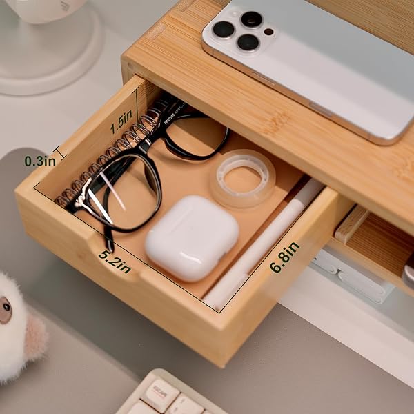 ROCDEER BAMBOO MONITOR STAND RISER WITH DRAWER, ERGONOMIC COMPUTER RISER FOR DESK WITH CABLE MANAGEMENT & STORAGE ORGANIZER, WOOD MONITOR STAND FOR HOME OFFICE