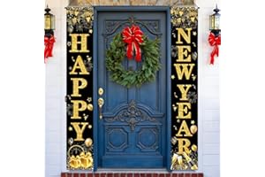 GISTOME 71 x 12 Inches Happy New Year Door Banner for Doorway Porch Yard, Black and Gold NYE Holiday Theme Decor Outdoor Indoor Front Door Wall Welcome Hanging Banner Sign Decorations Party Supplies