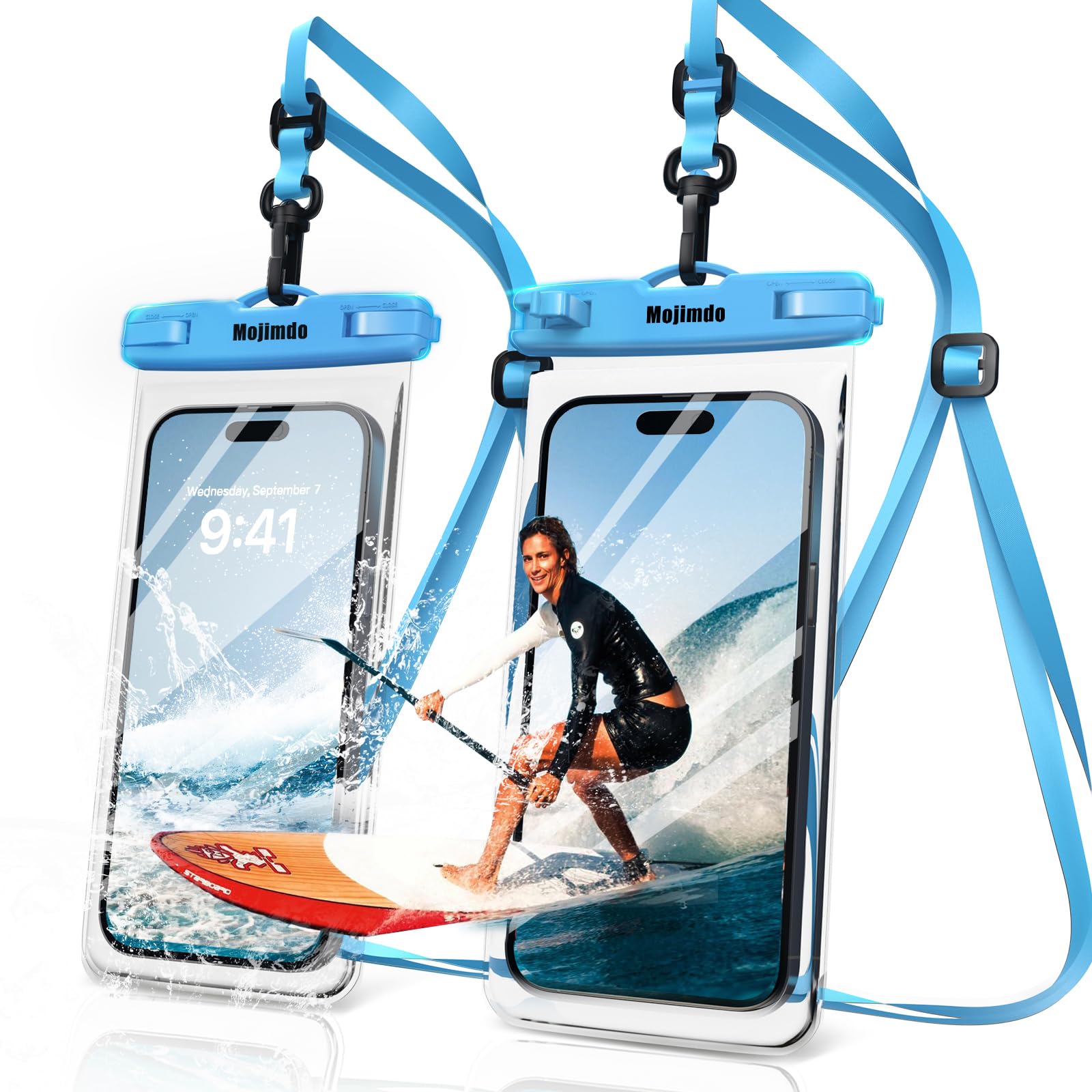 Photo 1 of Mojimdo Waterproof Phone Pouch 8'', IPX8 Waterproof Phone Case with Lanyard Protector for iPhone 15 14 13 12 11 Pro Max XR XS 8 7 Plus Samsung Galaxy, Cellphone Dry Bag for Beach - 2 Pack/Blue
