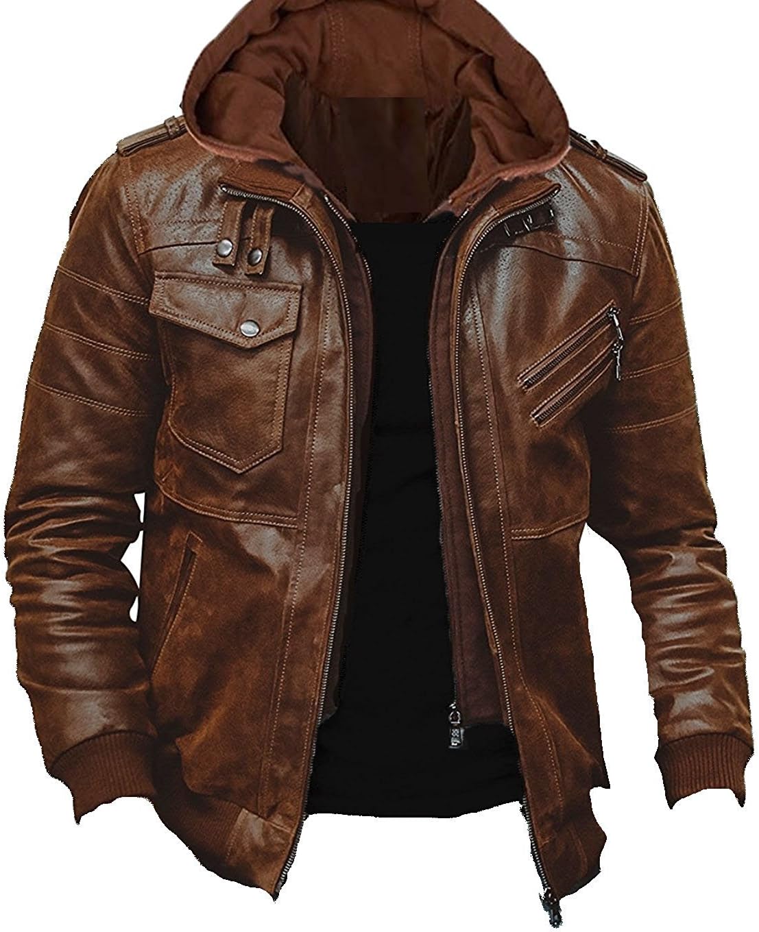 Luis Leather Mens Chocolate Brown Hoodie Lambskin Leather Jacket,Biker Jacket with Removable Hood