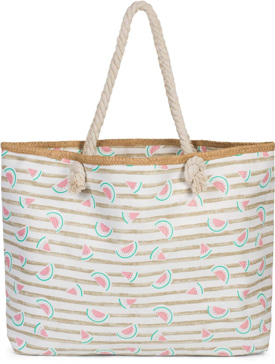 styleBREAKER women XXL beach bag with stripes and melon fruit print, zip, shoulder bag, shopping bag 02012287, color:Taupe-White