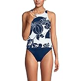 Lands' End Women's Tugless High Neck Strappy Back Tankini Swimsuit Top 18 White/Navy Lilies Placement