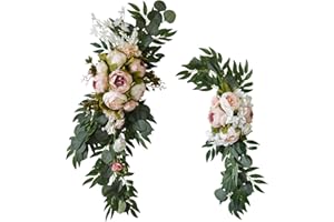 TREETDOBV 2 Pcs Wedding Arch Flowers Kit, Artificial Peony Flower Swag Backdrop Floral Garland Centerpieces, Champagne Peony Floral Swags Silk Hanging Peony Garland with Green Leaves Decor for Home(Pink)