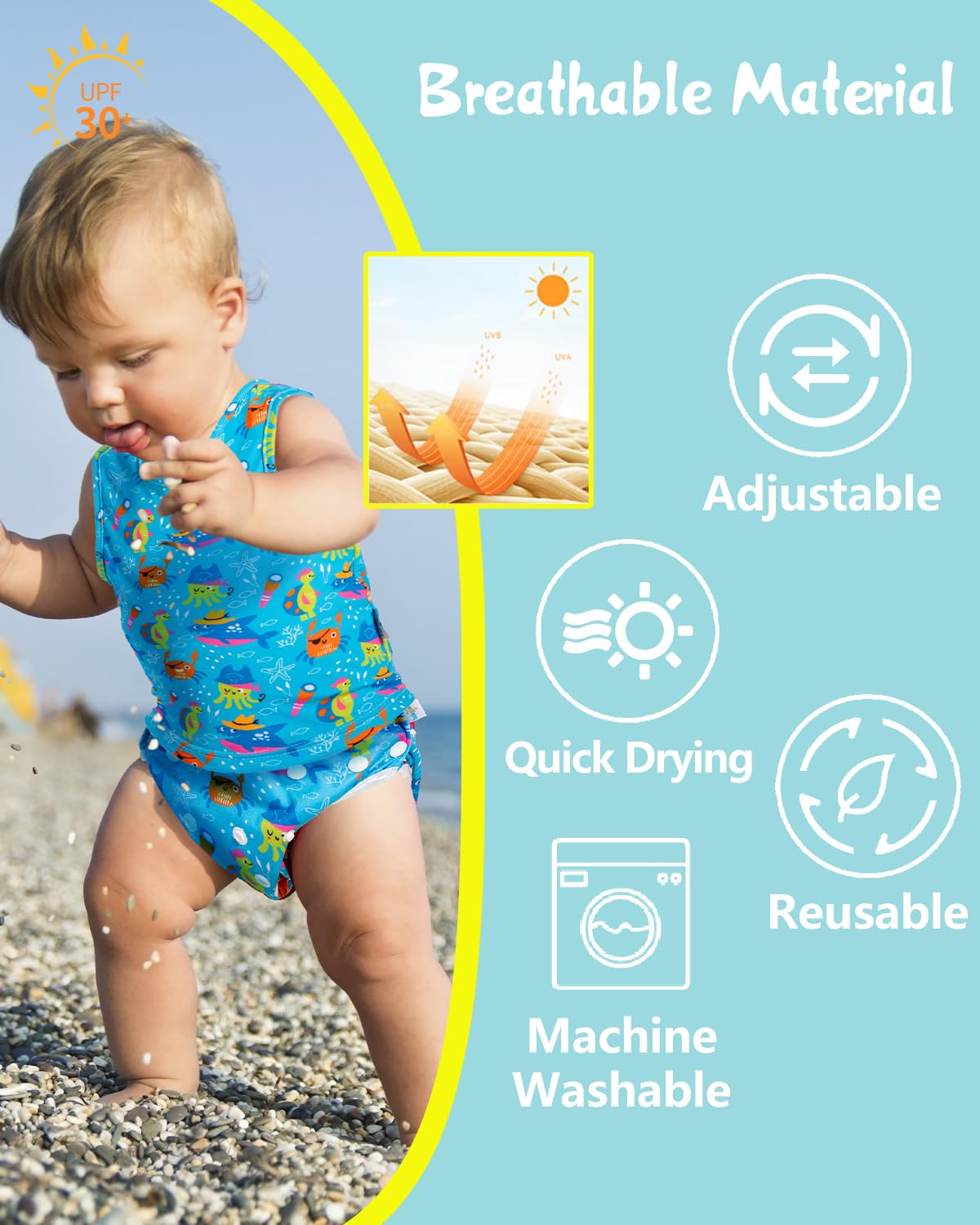 babygoal Reusable Swim Diapers with Wet Bag 4 Pack - Adjustable & Washable Water Diapers for 8M-3T Toddler Swimming Lessons-Animal Design