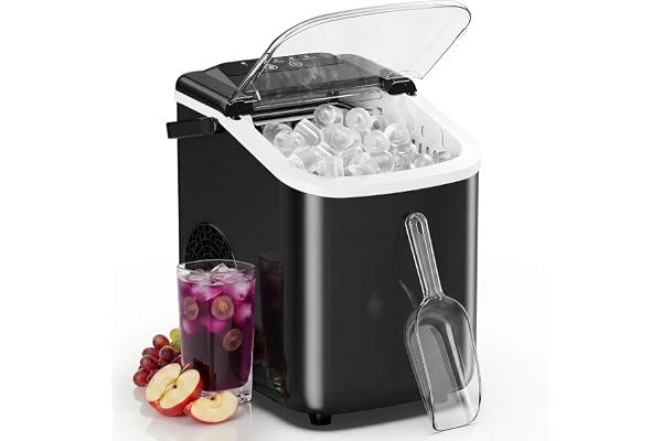 Sweetcrispy Countertop Ice Maker with Scoop, Basket and Handle, Portable Ice Machine 9 Ice Cubes Ready in 6 Mins, 26.5lbs in 24Hrs, 2 Sizes for Home Kitchen Office Bar Party