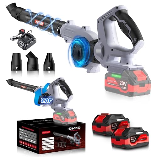 CHANGEMOORE Leaf Blower Cordless with 2X4000mAh Battery and Charger, 270° Rotatable Electric Leaf Blower, 160MPH & 3 Adjustable Speed, Dual-Sided Air Inlet, 3 Blow Tubes for Garden, Lawn Care C
