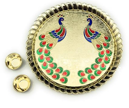 Satyam Kraft Diwali Collection Peacock Pooja Thali Traditional Plastic Pooja Thali Rakhi Platter | Engagement Ring Platter | Tilak Thali (6.5 inch Diameter)