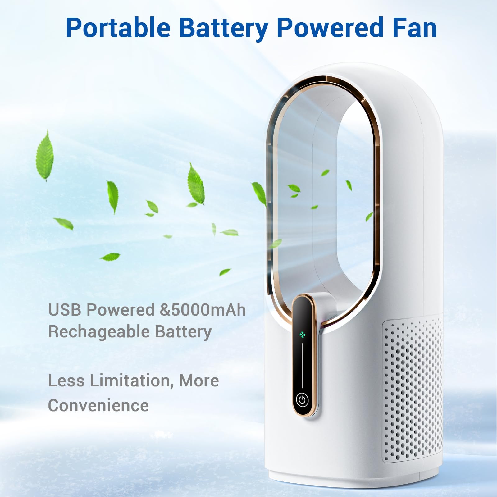 Bladeless Desk Fan, 11.8 Inch Small Rechargeable Fan, Quiet Office Fan, 3 Speeds, Touch Control, Easy to Clean, Desk Fan Small Quiet, Ideal for Home, Office, Travel