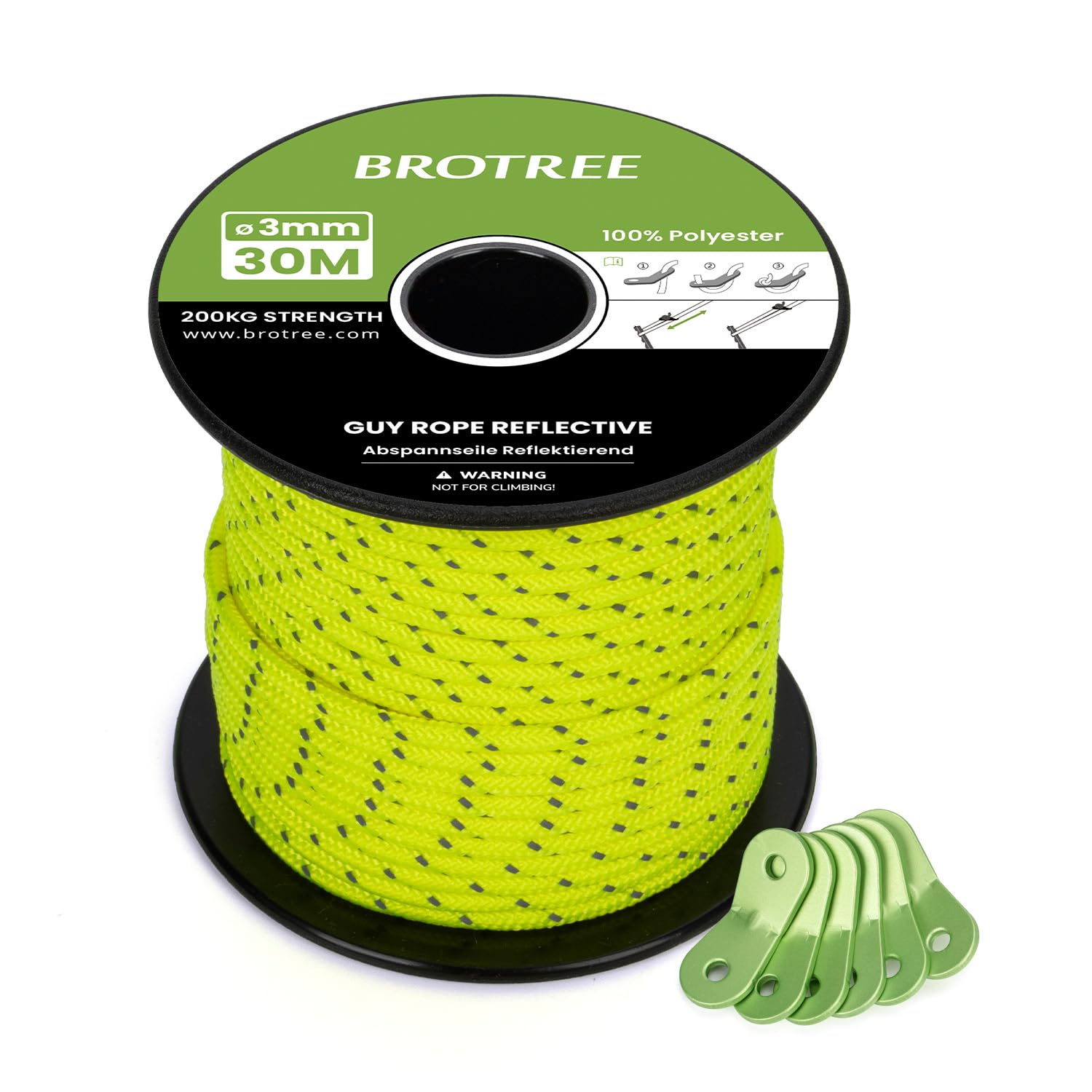 BROTREE Tent Guy Rope 3mm 30m Reflective Guy Line Heavy Duty Guide Rope with 6Pcs Aluminum Tensioners for Tent Gazebo Awning Camping (Neon Yellow)