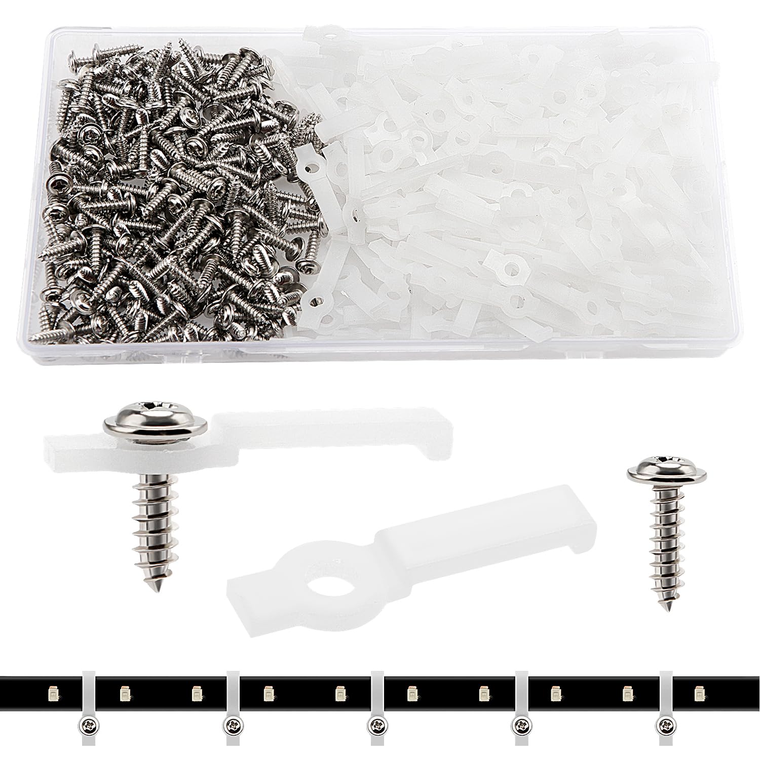 VooGenzek 200 PCS 10mm Light Strip Clips, LED Strip Light Mounting Clips, Strip Light Mounting Brackets, with Screws, for 10mm Wide LED Strips Lights (White)