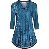 BAISHENGGT 3/4 Sleeve Tops for Women Notch V Neck Floral Work Blouses Dressy Casual Loose Fit Going Out Tunic Tops