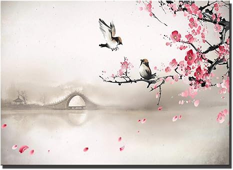 Amazon キャンバスアートプリント桃の花鳥の風景アート絵画ポスターとリビングルームのプリント家の装飾壁画 60x80cmフレームなし ウォールステッカー オンライン通販