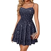 Meetjen Women's Short Prom Dresses 2026 Sparkly Cocktail Party Spaghetti Straps Layered Sequin Teens Graduation Dress