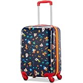 American Tourister Mickey Mouse Carry-On Luggage - Airline Approved, Durable Hardshell with Micky, Donald Duck, Pluto &amp; Goofy - Roll Confidentially with Spinner Wheels &amp; Colorful Adjustable Handle