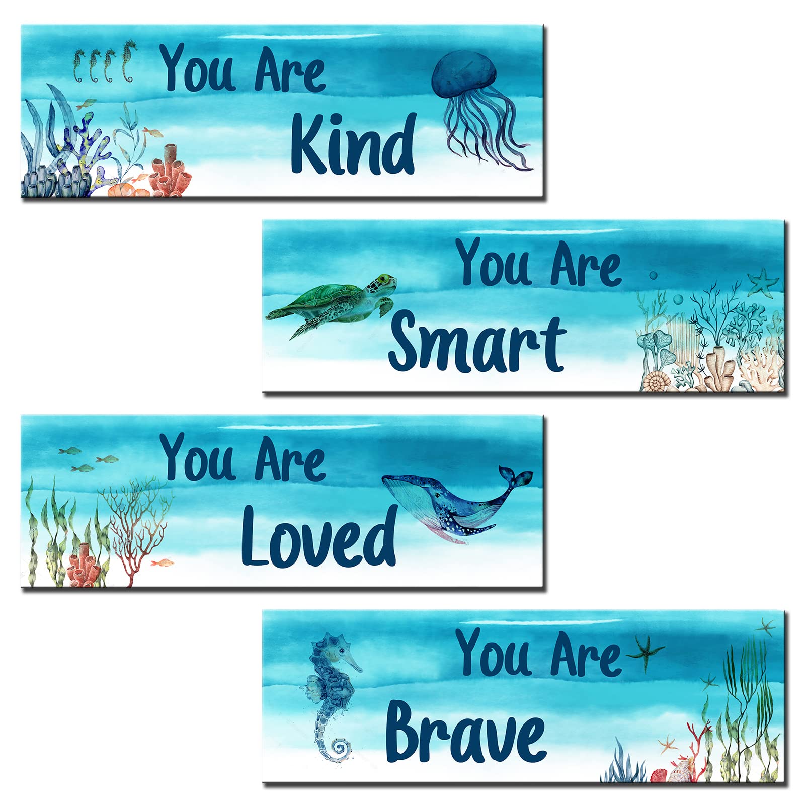 Underwater World Wooden Wall Art Children's Room Wall Decor Sea Creatures YOU ARE Series Home Decorations for Bedroom Blue Ocean Nautical Theme Wall Art Turtle Starfish Dolphin Coral Reef Gift Artwork