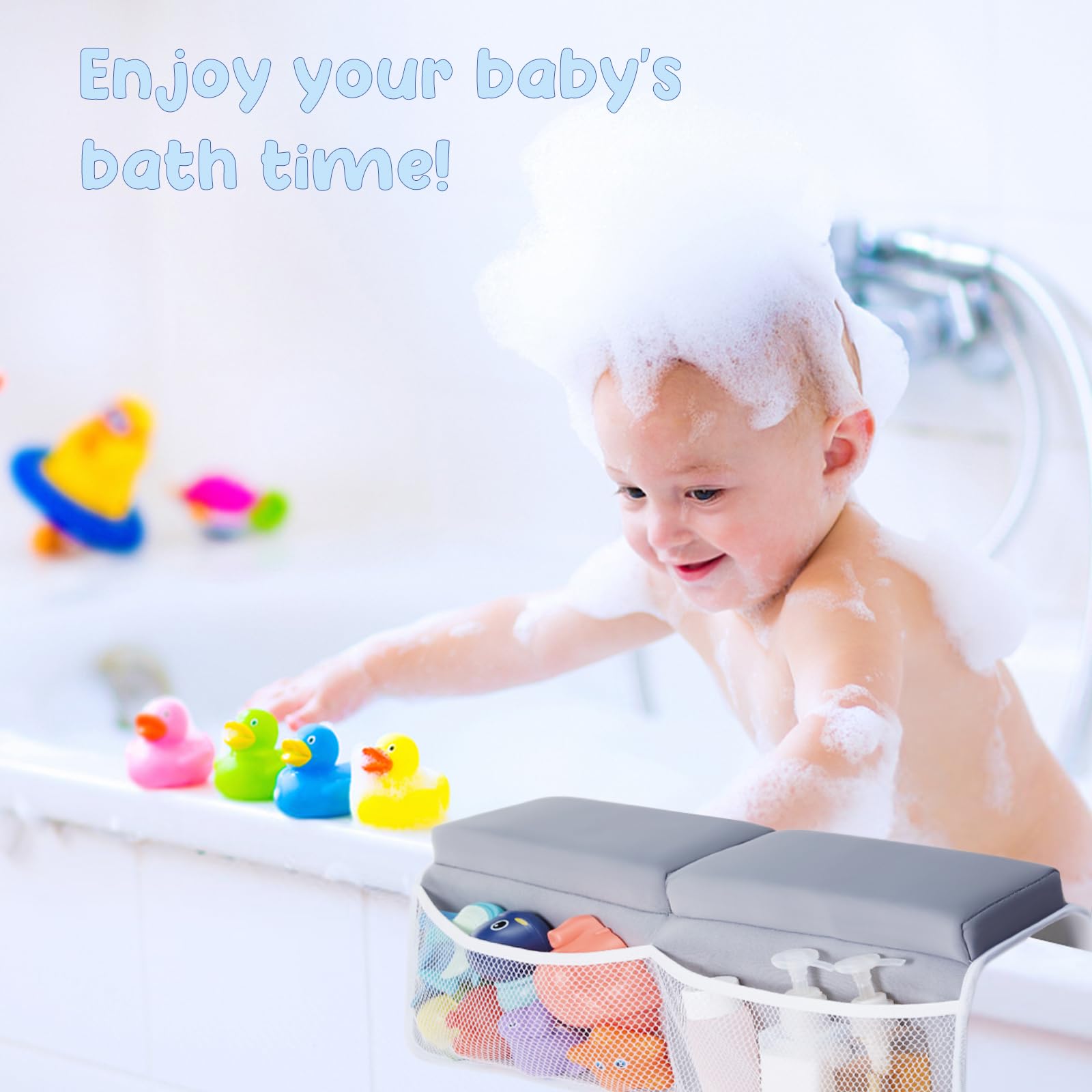 beiens Bath Kneeler and Elbow Rest Pad Set - 1.5'' Comfortable Baby Bath Kneeler Pads, Thick Quick Dry Kneeling Pad Support for Knee& Arm, Large Bathtub Mat with Toy Organizer for Happy Baby Bath Time