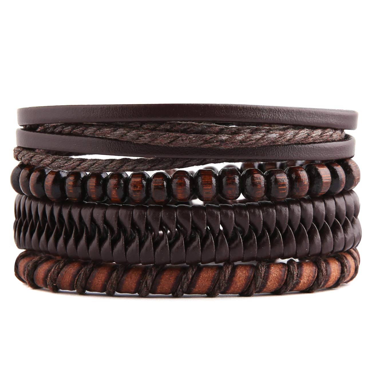 STWTRMix 4 Wrap Bracelets Men Women, Hemp Cords Wood Beads Ethnic Tribal Bracelets, Leather Wristbands