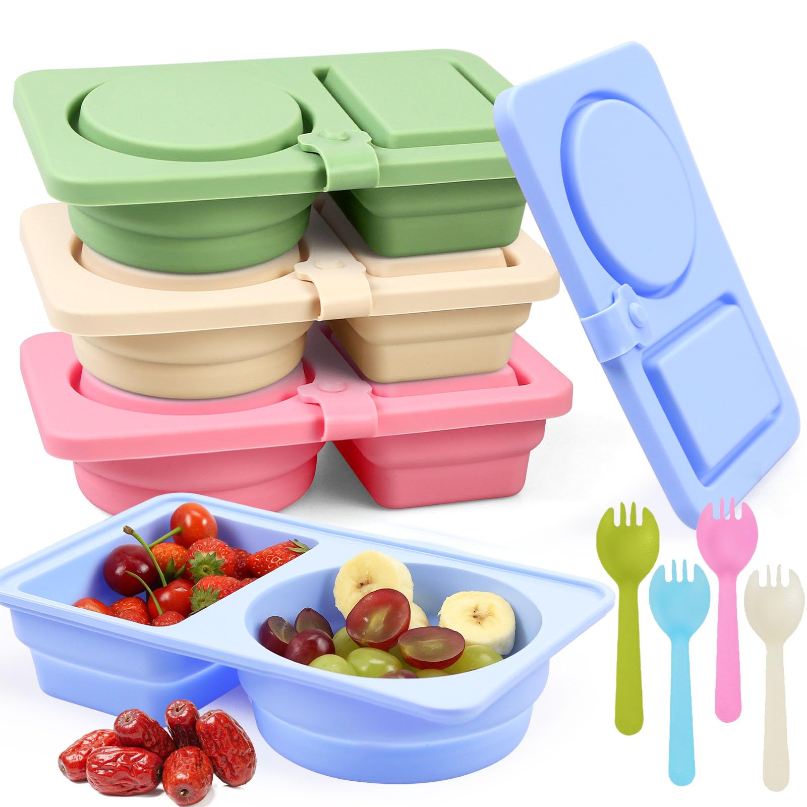 Photo 1 of 4 Pack Silicone Reusable Snack Containers with Lids Double Compartment Snackle Box Containers for Salad Sauce Condiments Snack Seasoning Portable Small Mini Food Snack Boxs for Travel Office Picnic