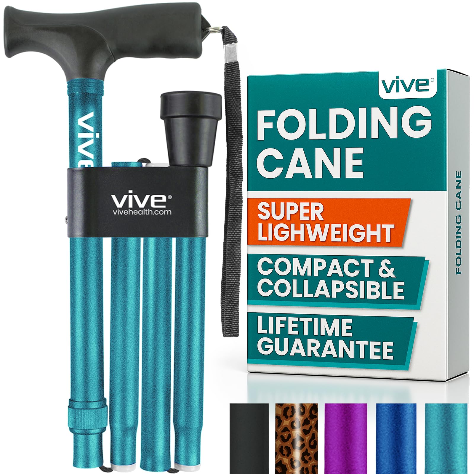 Vive Folding Cane - Lightweight Foldable Walking Stick for Men & Women - Adjustable & Durable for Portable Travel- Collapsible Balancing Mobility Aid - Sleek Ergonomic & Comfortable Handles (Teal)