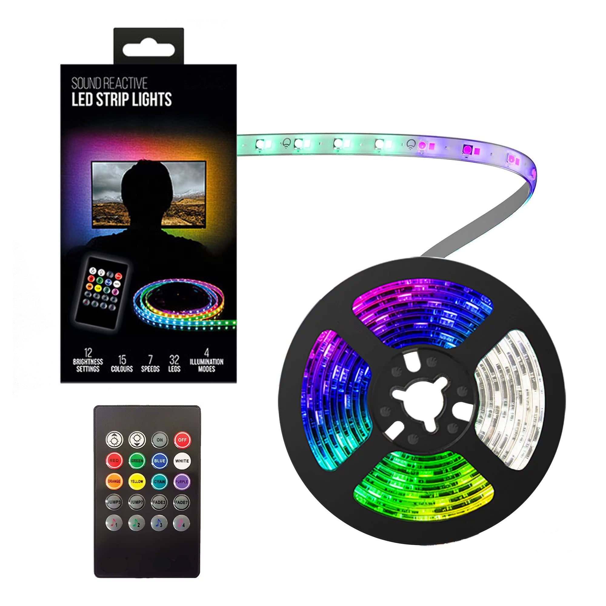 1.5m AA Battery Operated Indoor LED Strip Lights, Ideal for Under Shelf Lighting, Cupboards, Wardrobes, Behind TV, Above Mirror, Cars, Motorhomes, Caravans, Lounge (2 Meter - Coloured & Sound Sensor)