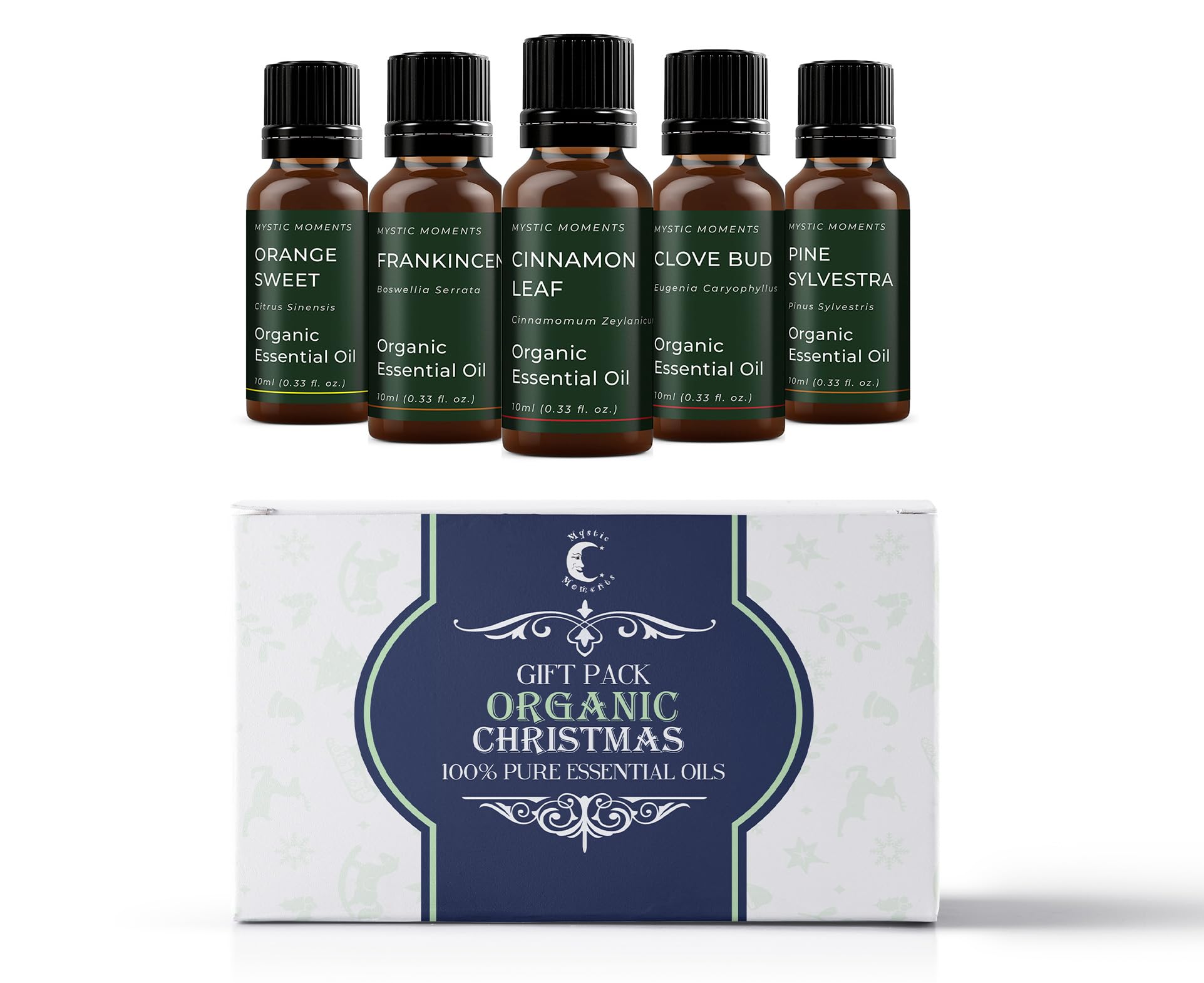 Mystic Moments | Organic Christmas Essential Oils Gift Starter Pack | 5 x 10ml | Cinnamon Leaf, Clove Bud, Frankincense, Orange Sweet, Pine Sylvestra | Aromatherapy & Diffuser Set