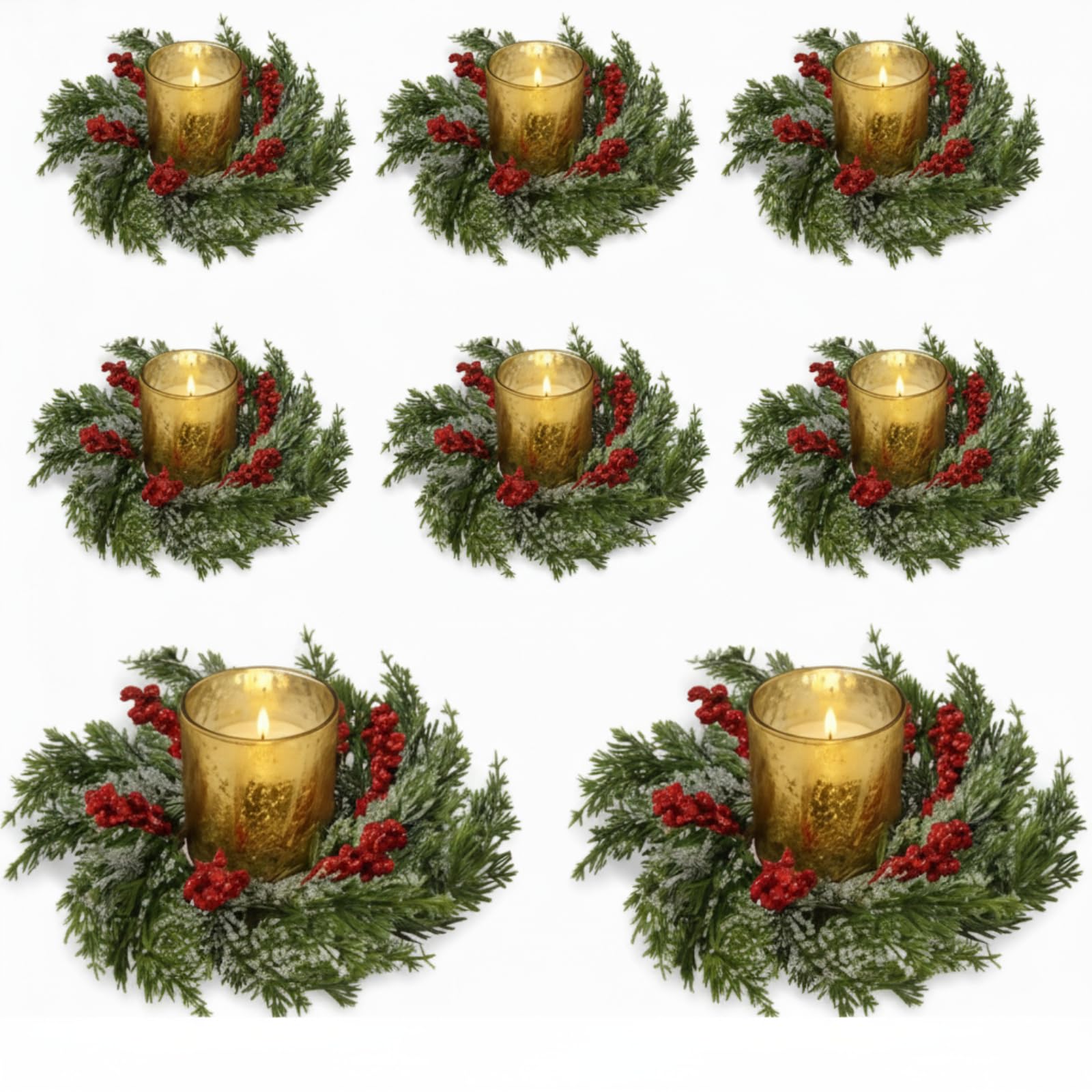 Photo 1 of ***MISSING PIECES*** Cinnvoice 8 Pcs Christmas Candle Rings Wreath Artificial Garland with Red Berry Mini Christmas Candle Wreath for Table Centerpiece Home Kitchen Cabinet Windows Front Door Decor (Cypress)