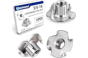 USDRWAM 12 Pack 3/8"-16 T Nuts for Wood, Zinc-Plated Carbon Steel 4-Prong Tee Nuts for Furniture, Cabinets, and Rock Climbing Holds