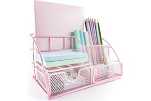 AUPSEN Pink Desk Organizer for Women, Mesh Office Supplies Desk Accessories, Features 5 Compartments + 1 Mini Sliding Drawer