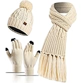 Winter Hat Scarf Gloves Set for Women Womens Knit Warm Hat Beanie Long Scarf Touchscreen Gloves Skull Caps Neck Scarves