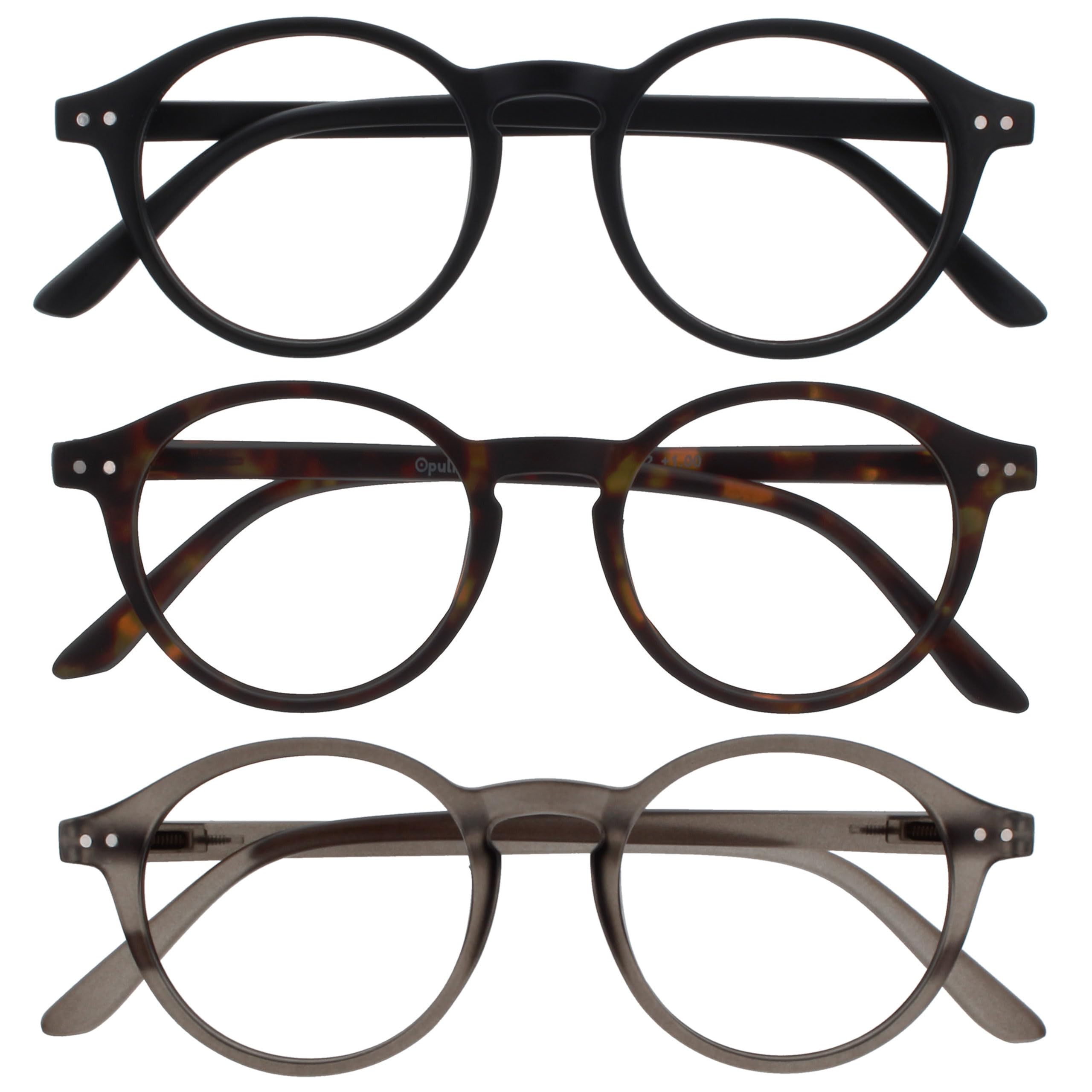 OPULIZE REY Reading Glasses - 3-Pack - Retro Round Frame - Matt Black, Brown Tortoiseshell, Grey - Mens Womens - Spring Hinges - RRR56-127 - +2.00