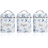Laura Ashley China Rose Coffee Tea Sugar Container Set - Storage Canisters | Food Grade Metal, Printed Tea Coffee Sugar Canister Set of 3, Airtight Lids, Rust Resistant, Easy to Clean, Freshness Sealed