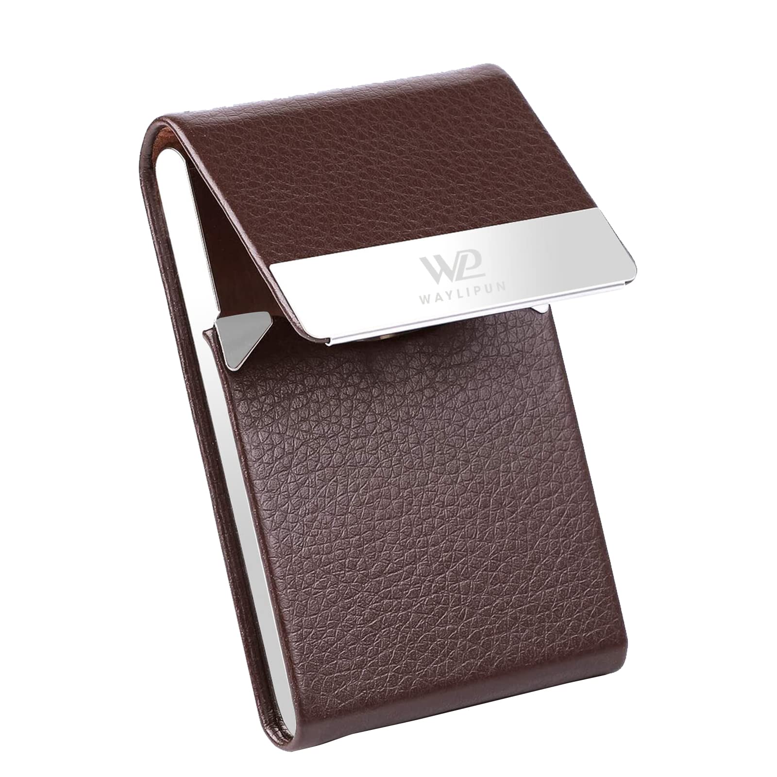 Waylipun Professional PU Leather Business Card Case, Slim Metal Pocket Card Holder with Magnetic Shut - Keep Business Cards in Immaculate Condition (Coffee)