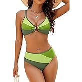 BMJL Women's Sexy Neon Bikini Set Triangle Mid Rise Two Piece Swimsuit Gold Metal Ring Curvy Bathing Suit