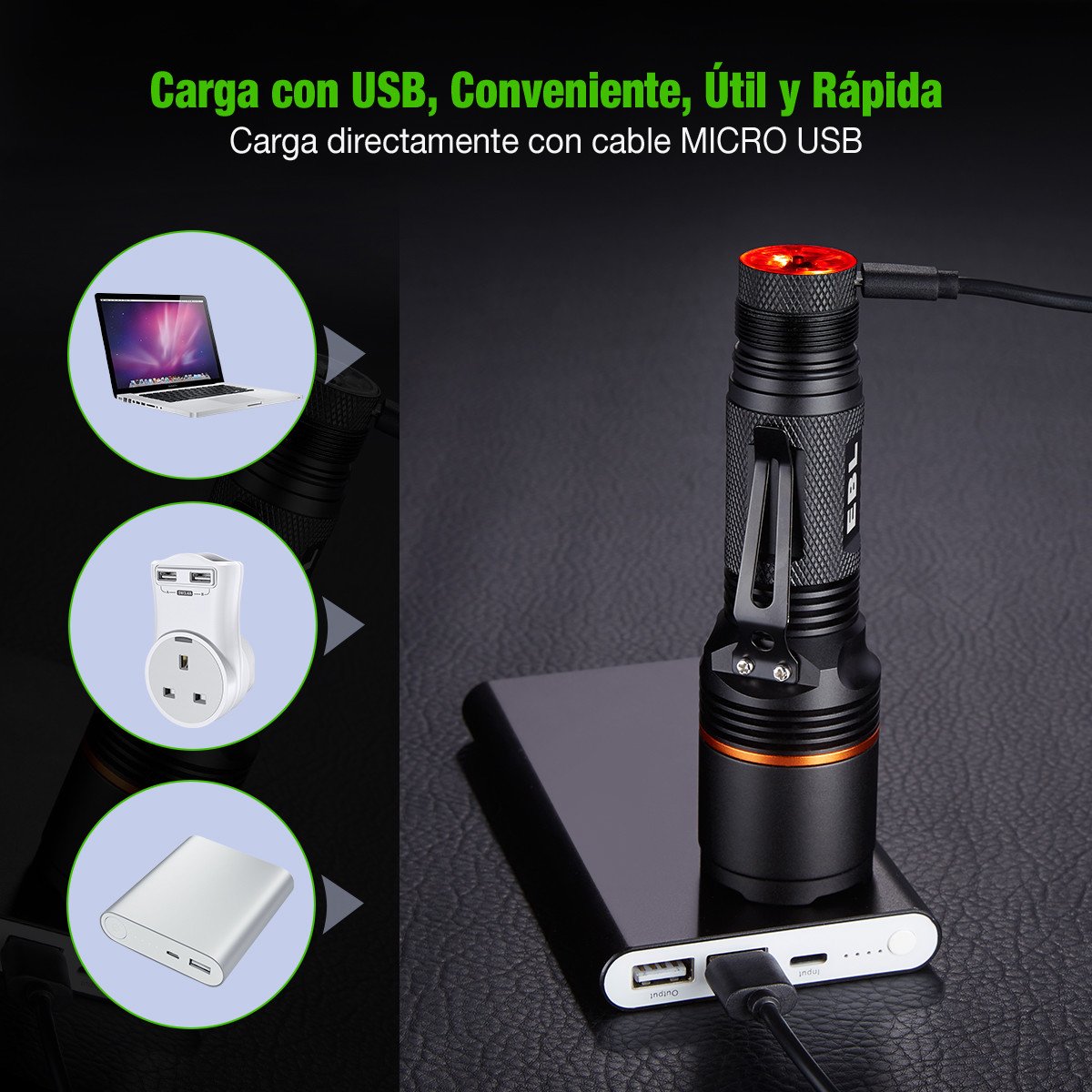 EBL 950 Lumen Linterna LED USB Recargable Impermeable IP68 con 6 modos, 2 Unidades 18650 Baterías para Ciclismo, Acampada, Senderismo, Montañismo