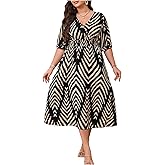 Floerns Women's Plus Size Summer Midi Dress Chevron V Neck Half Sleeve A Line Dresses