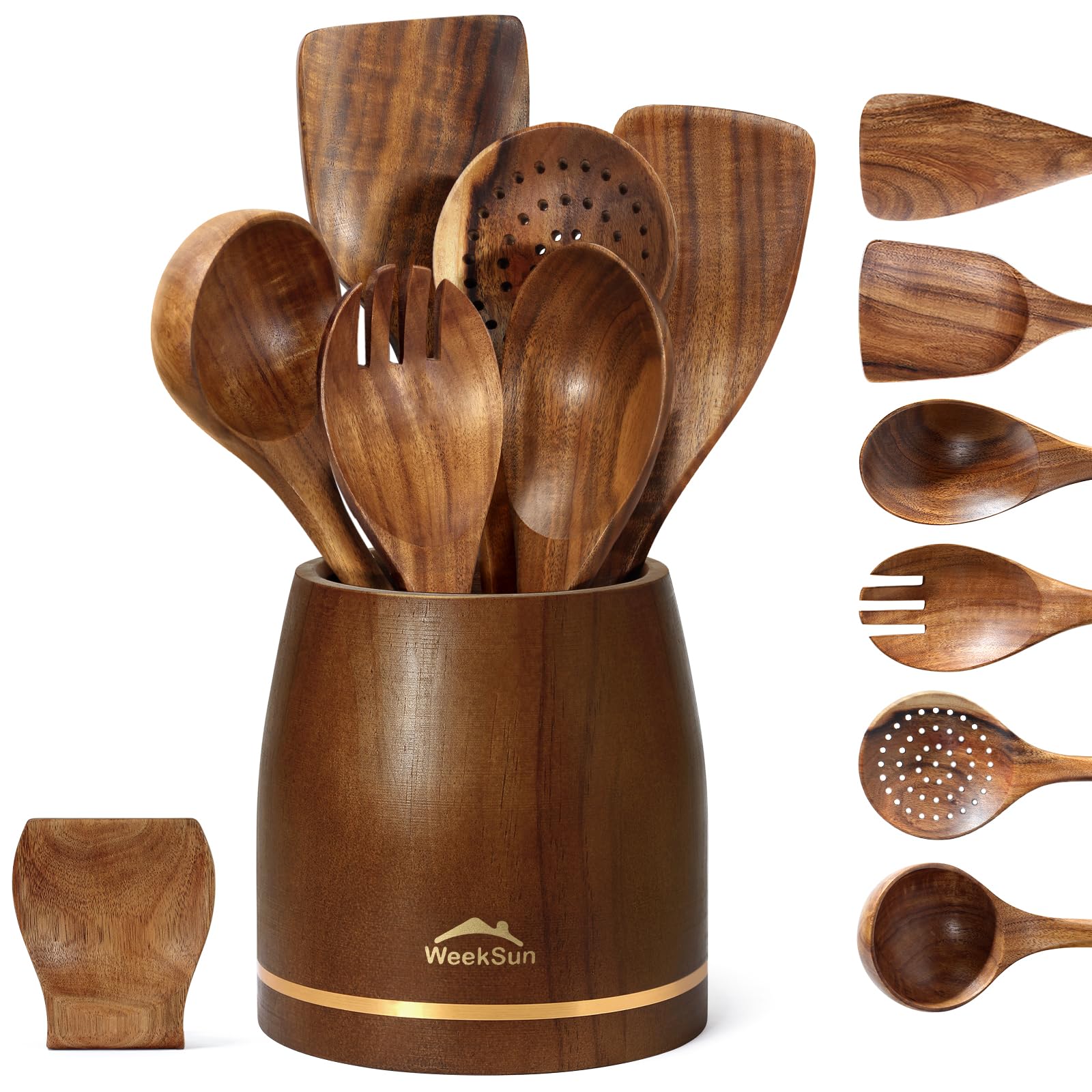 Photo 1 of 8 Pcs Wooden Spoons for Cooking, Cooking Utensils Set With Utensil Holder, Wooden Utensil Set Non-Stick, Teak Wood Nonstick Kitchen Cookware, Kitchen Utensils Set Gift for Chefs & Home